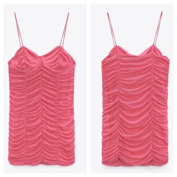 Zara Pink Ruched Mini Dress Size Large Tulle Corset Bustier Barbie Cocktail Y2K - Picture 2 of 14